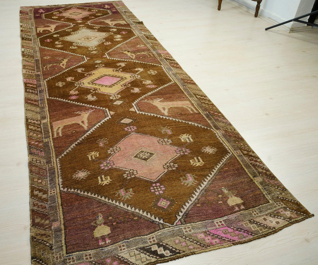 Handmade Turkish Kars Wool Rug: 4x11 Vintage Tribal Carpet