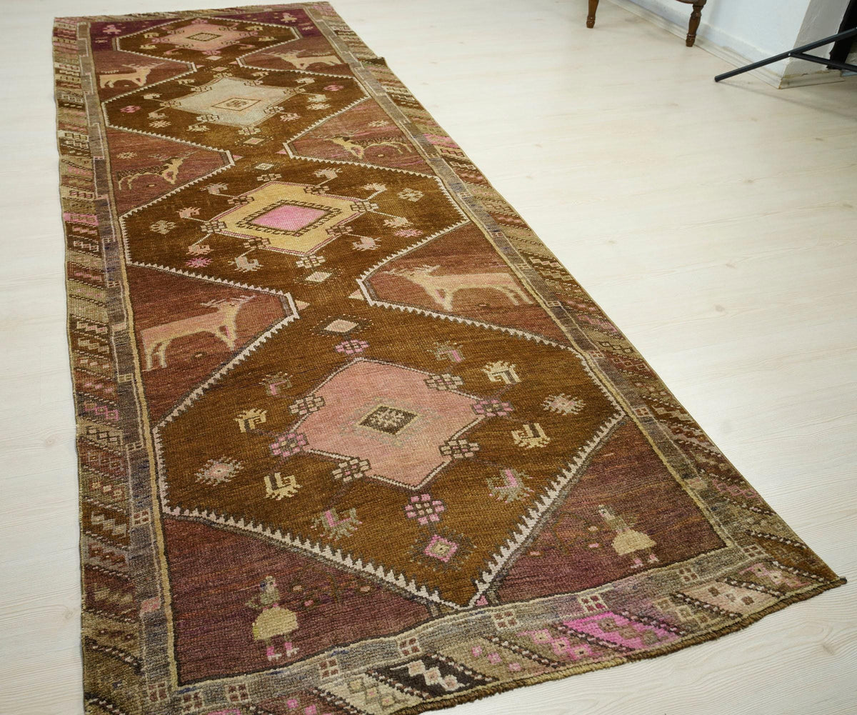 Handmade Turkish Kars Wool Rug: 4x11 Vintage Tribal Carpet