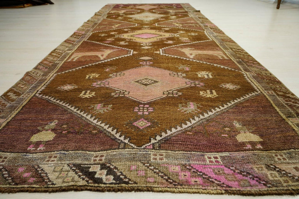 Handmade Turkish Kars Wool Rug: 4x11 Vintage Tribal Carpet