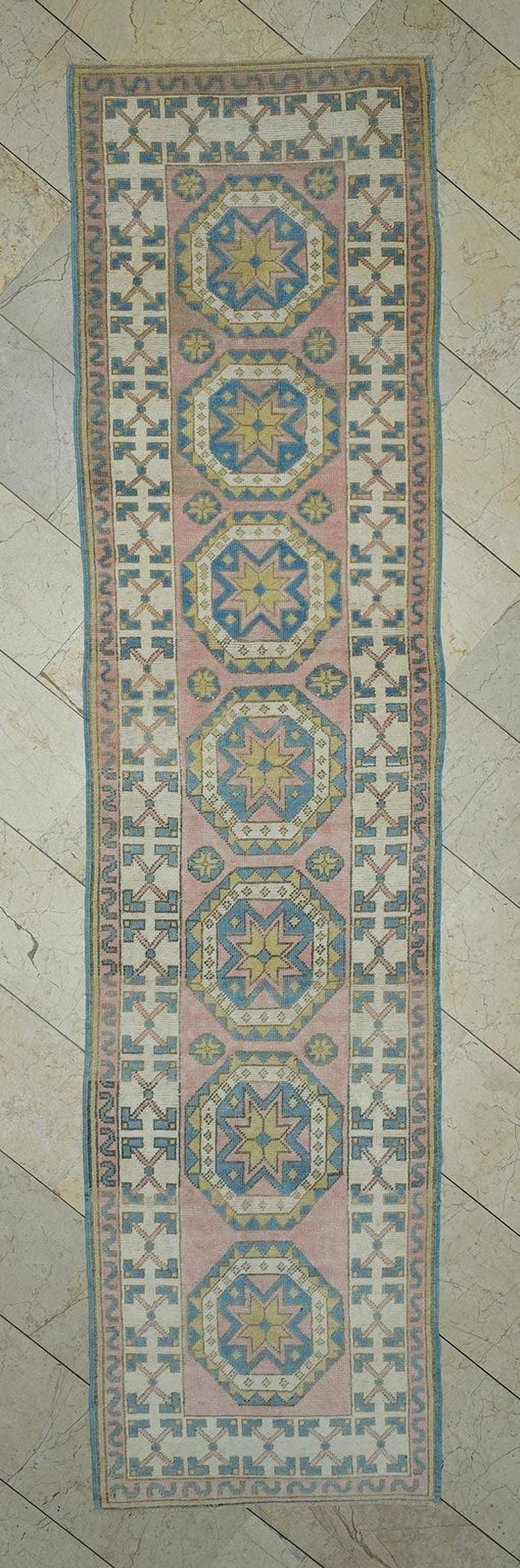 Narrow Vintage Oushak Rug Runner: Blue & Salmon Pink Turkish Wool Rugs 2,8x11,2 Feet.