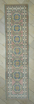 Narrow Vintage Oushak Rug Runner: Blue & Salmon Pink Turkish Wool Rugs 2,8x11,2 Feet.