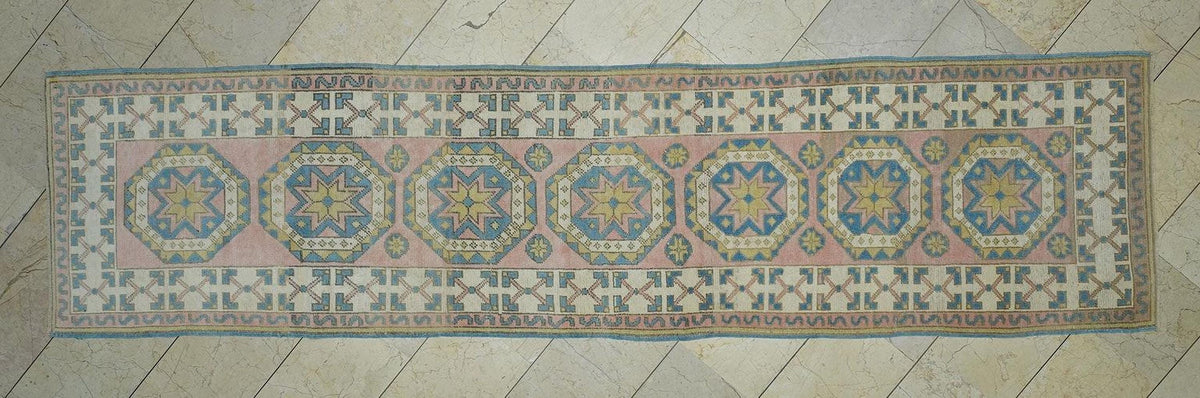 Narrow Vintage Oushak Rug Runner: Blue & Salmon Pink Turkish Wool Rugs 2,8x11,2 Feet.