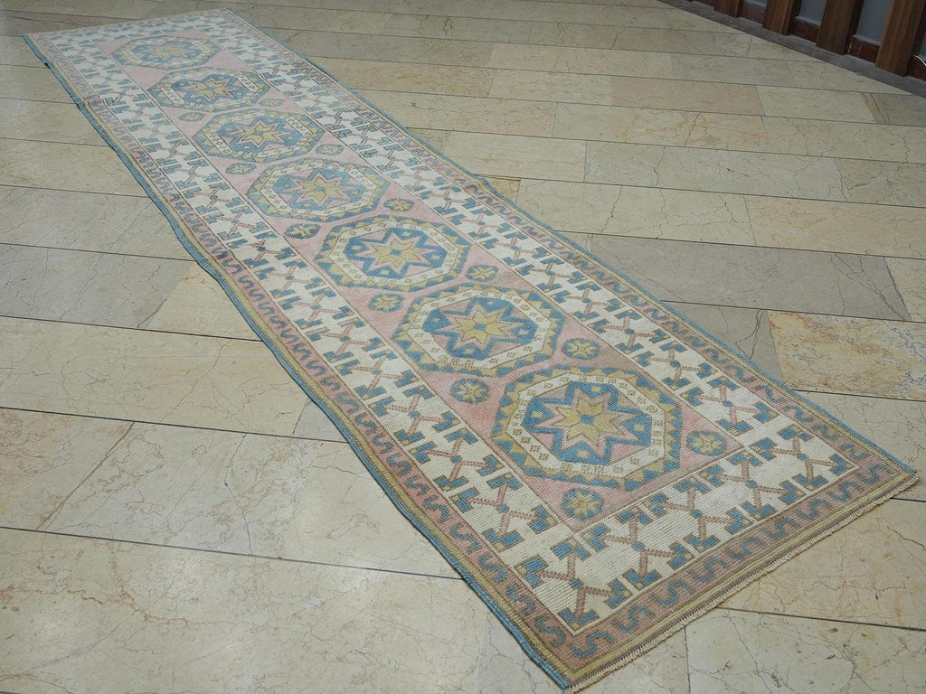 Narrow Vintage Oushak Rug Runner: Blue & Salmon Pink Turkish Wool Rugs 2,8x11,2 Feet.