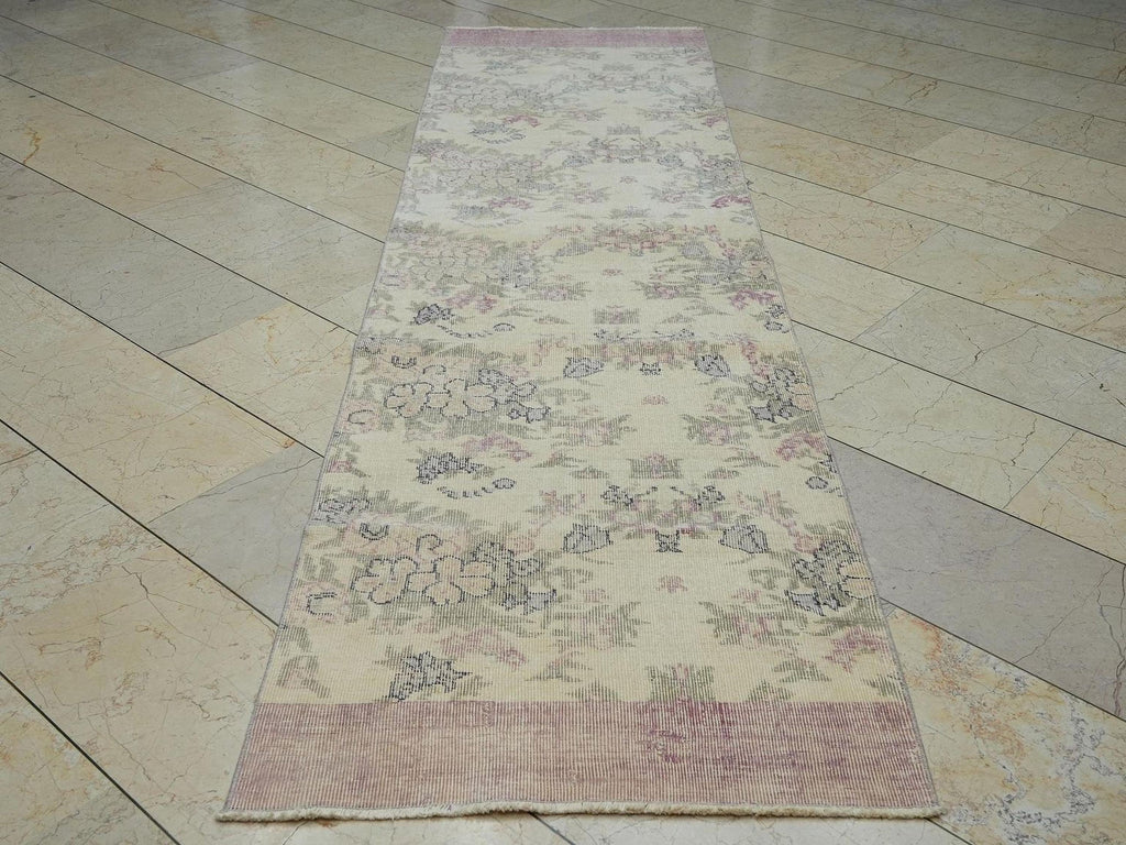 Floral Vintage Handmade Oushak Rug Runner,2.8x10.3 Ft,Wool Turkish Rugs.