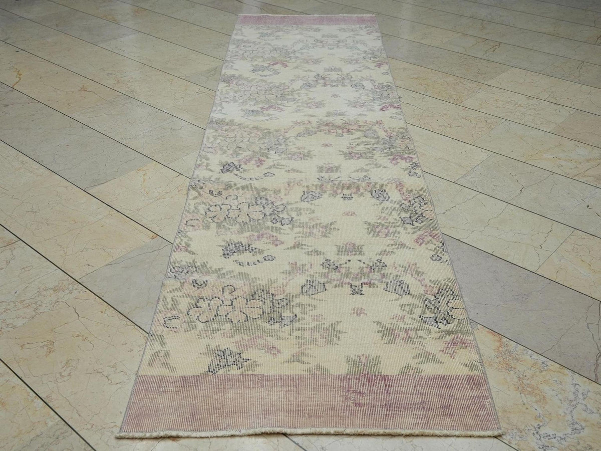 Floral Vintage Handmade Oushak Rug Runner,2.8x10.3 Ft,Wool Turkish Rugs.
