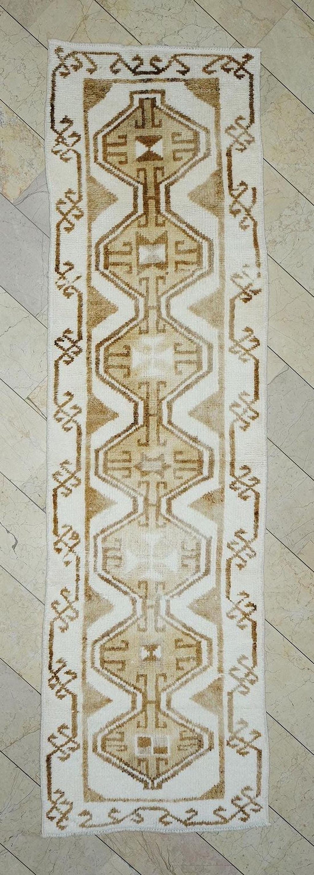 Brown & White Handmade Wool Turkish Rug Runner: Kitchen Decor Rugs 3.2x11.4 Feet.