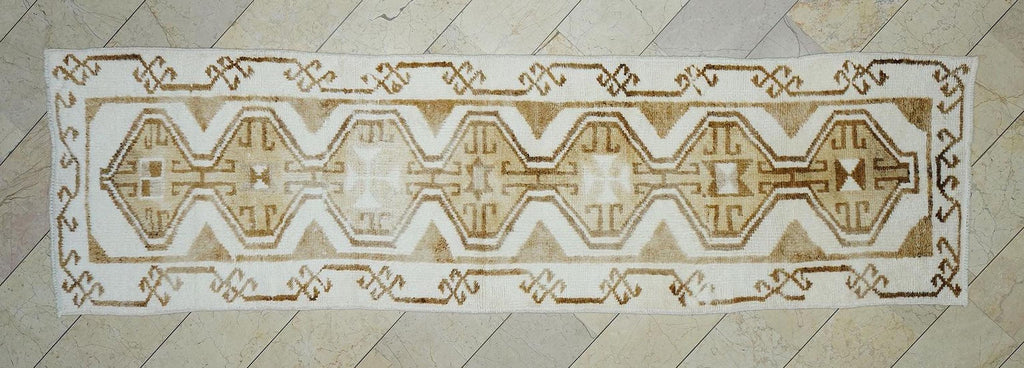 Brown & White Handmade Wool Turkish Rug Runner: Kitchen Decor Rugs 3.2x11.4 Feet.