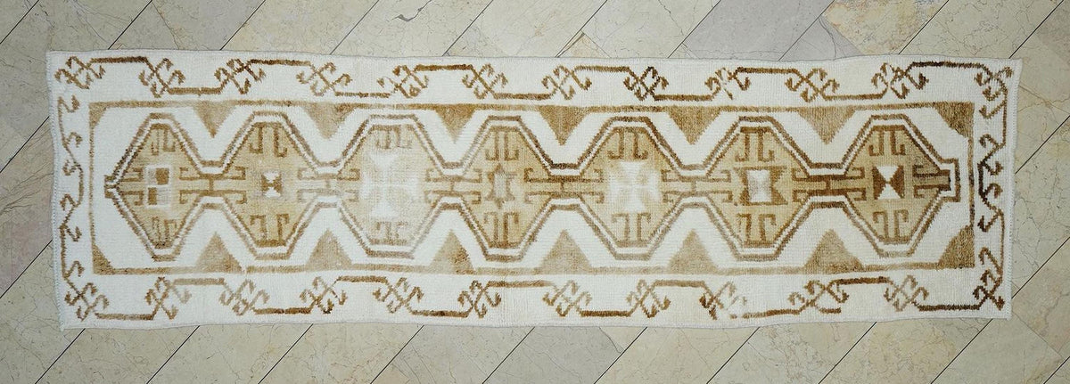 Brown & White Handmade Wool Turkish Rug Runner: Kitchen Decor Rugs 3.2x11.4 Feet.