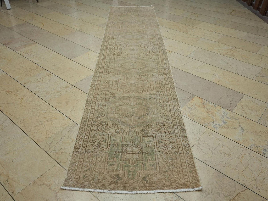 2.6x12 Beige Brown Vintage Turkish Wool Rug Runner,Mid Century Handmade Carpet.