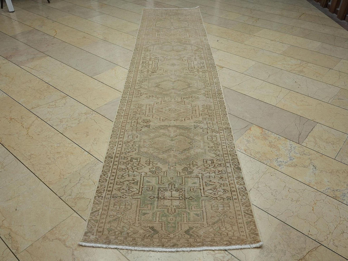2.6x12 Beige Brown Vintage Turkish Wool Rug Runner,Mid Century Handmade Carpet.
