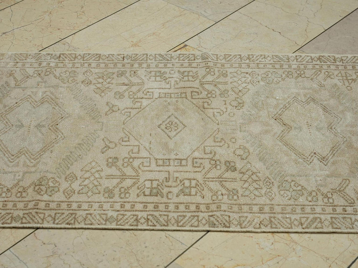 2.6x12 Beige Brown Vintage Turkish Wool Rug Runner,Mid Century Handmade Carpet.