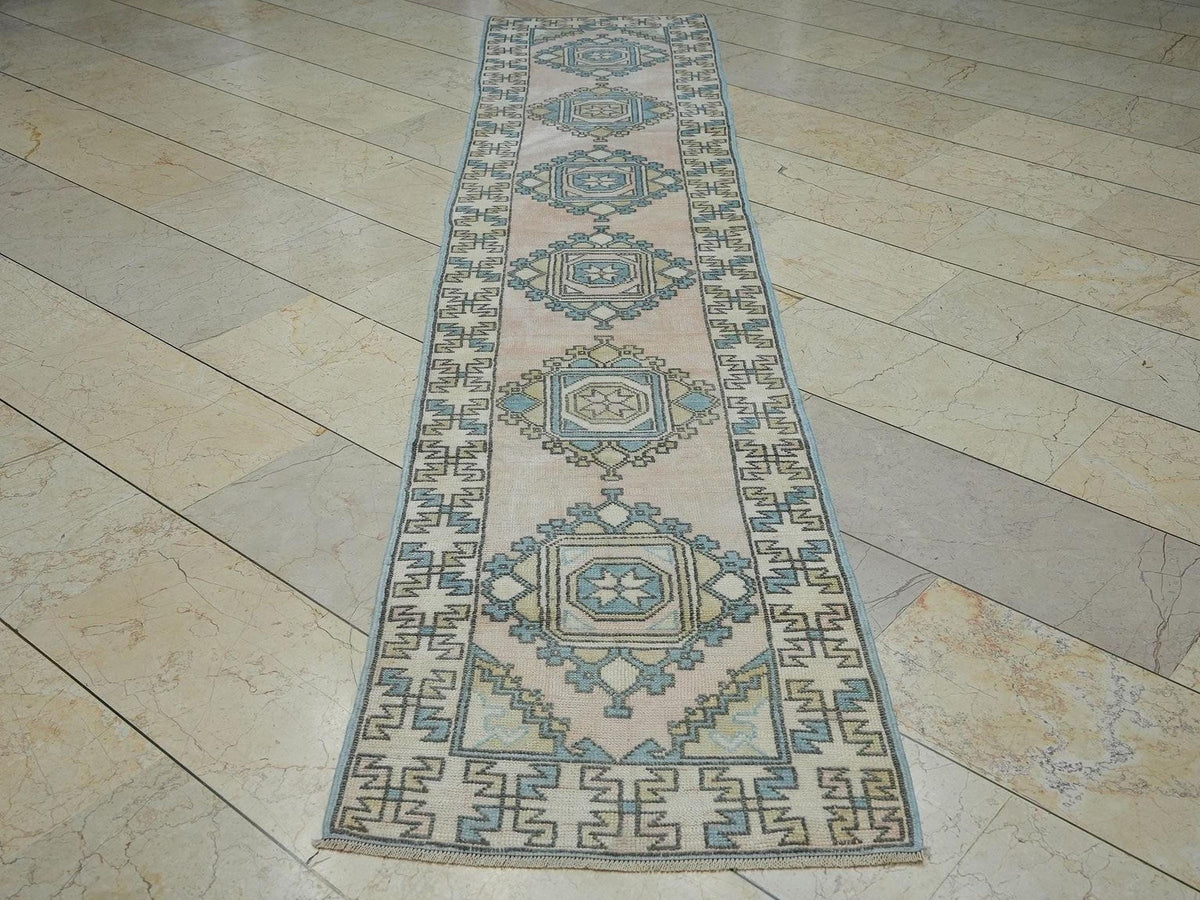 Salmon Pink Wool Oushak Rug Runner: Turkish Mid Century Modern 2x11 Ft.