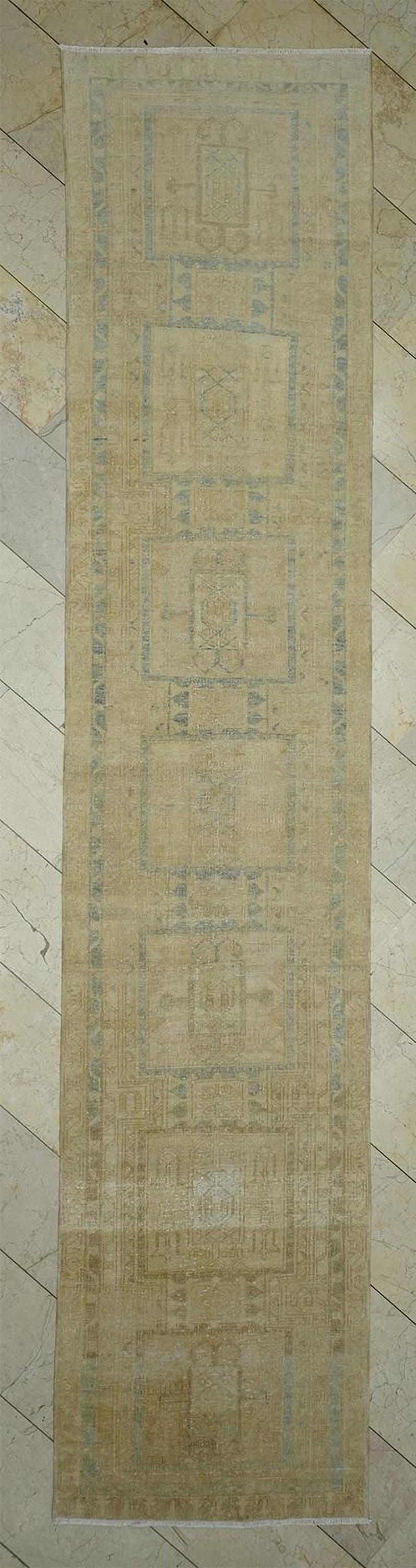 3x14 Vintage Turkish Wool Rug Runner,Home Hallways Decor Handmade Blue & Beige Rugs