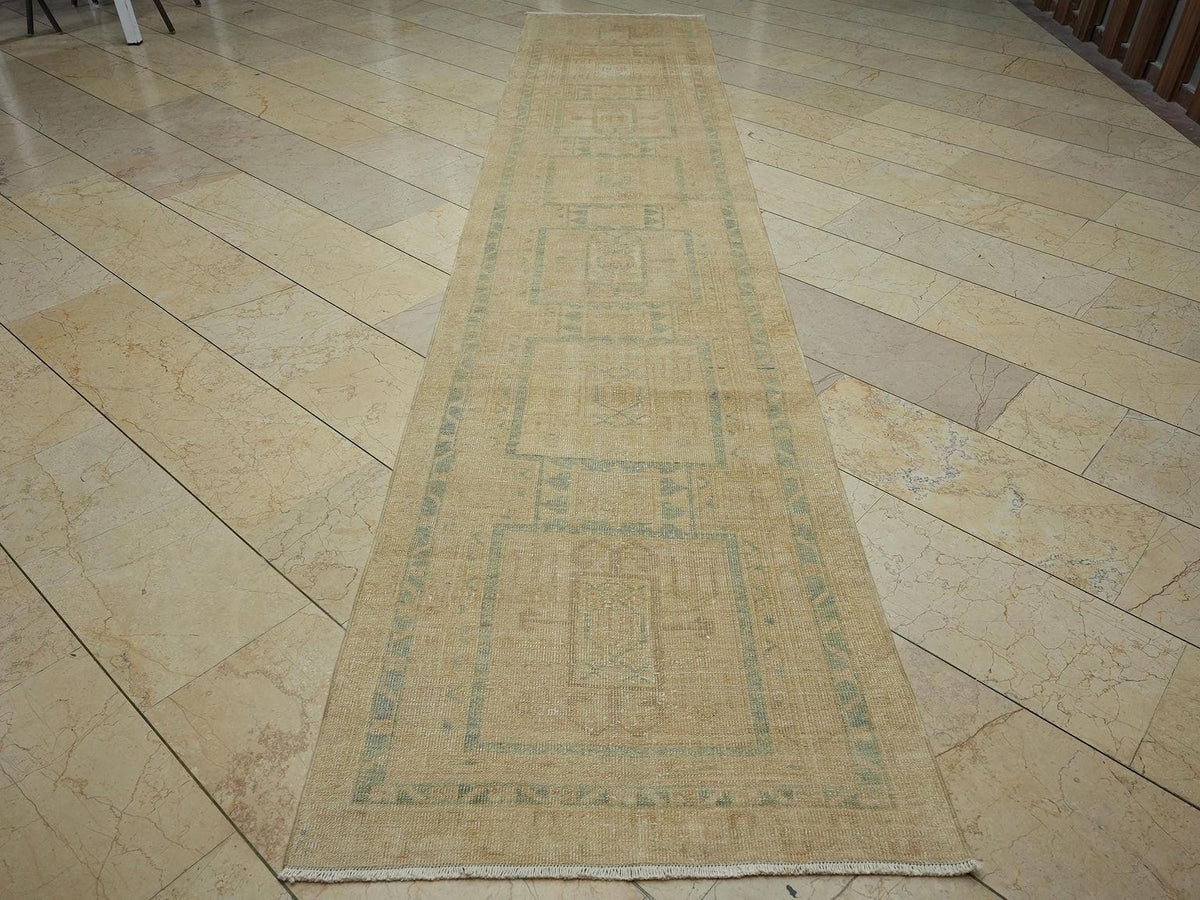 3x14 Vintage Turkish Wool Rug Runner,Home Hallways Decor Handmade Blue & Beige Rugs
