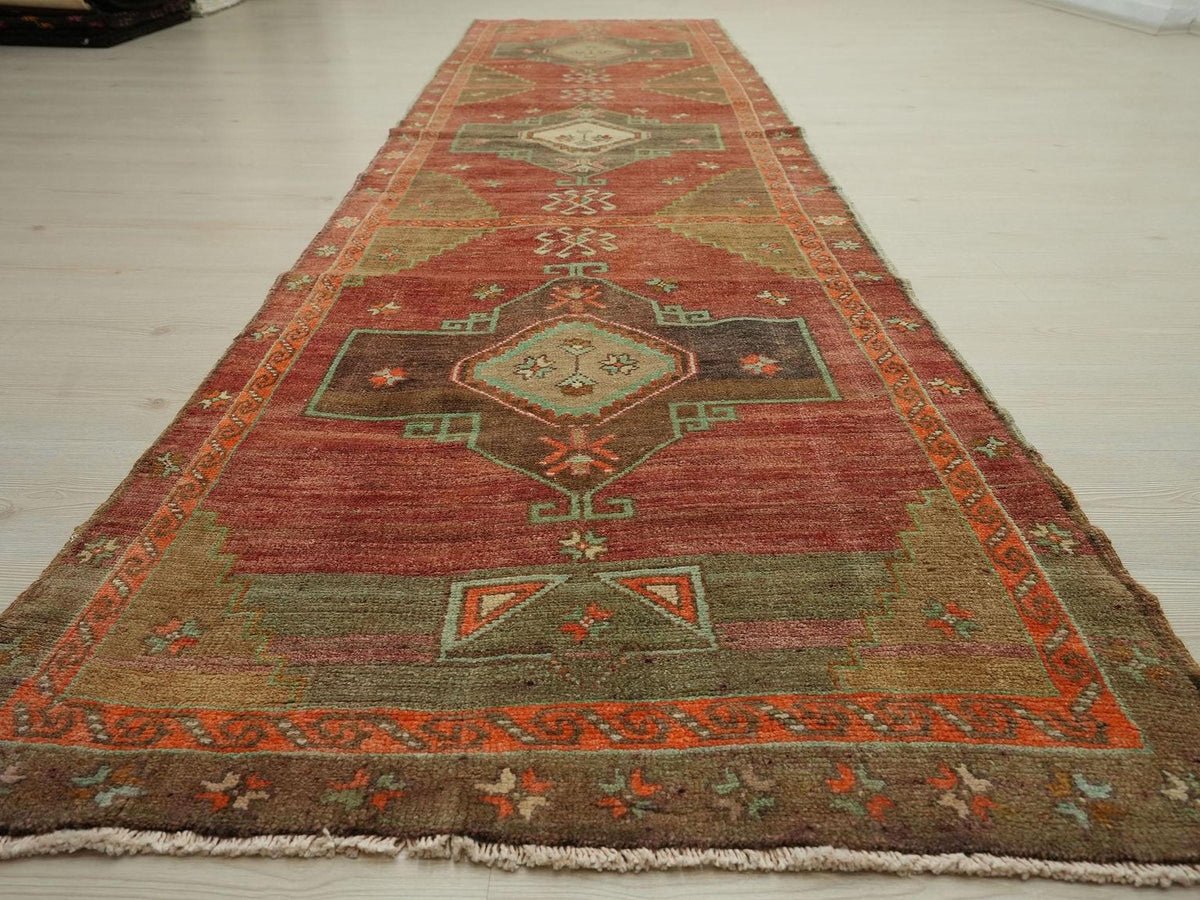 Handmade Kars Wool Rug Runner: 3x12 ft Antique Turkish Carpet
