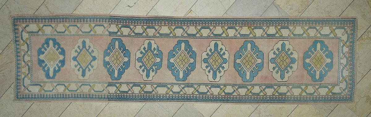 Handmade Wool Oushak Rug Runner: 3x12 Mid-Century Turkish Carpet
