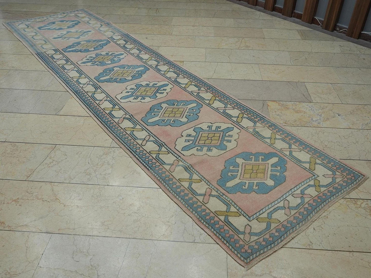 Handmade Wool Oushak Rug Runner: 3x12 Mid-Century Turkish Carpet