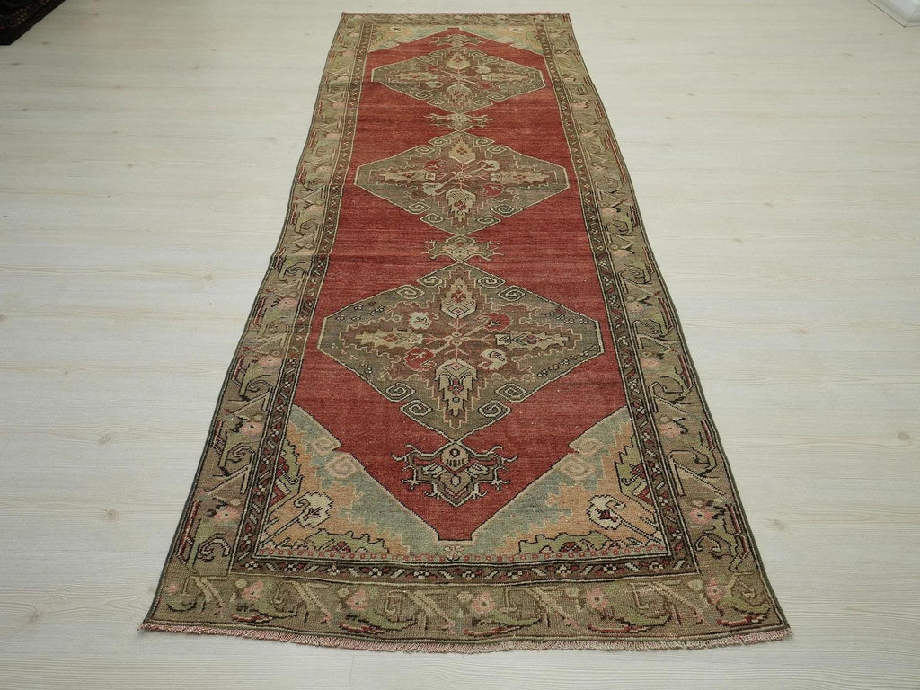 1940s Antique Turkish Rug Runner: Mid-Century Modern Wool Carpet, 3,3"x10,1" Feet.