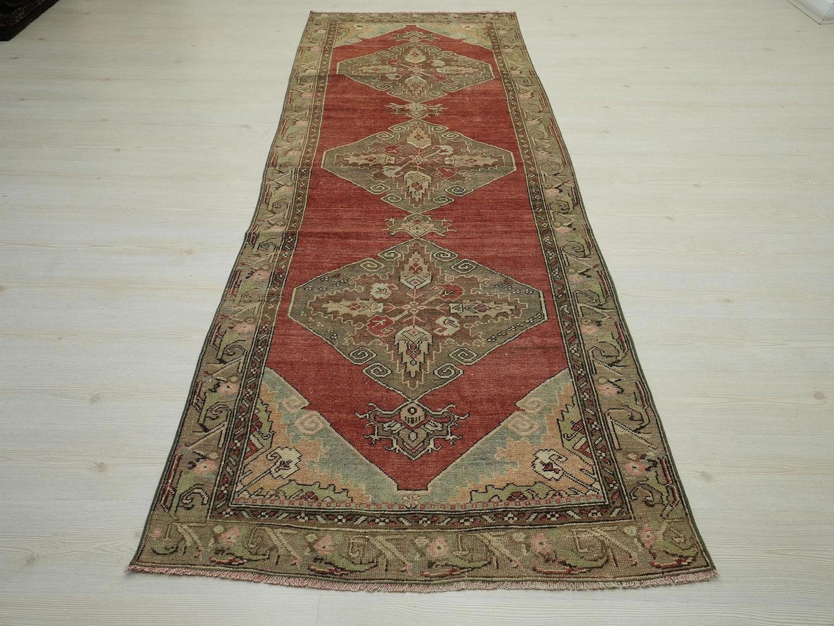 1940s Antique Turkish Rug Runner: Mid-Century Modern Wool Carpet, 3,3"x10,1" Feet.