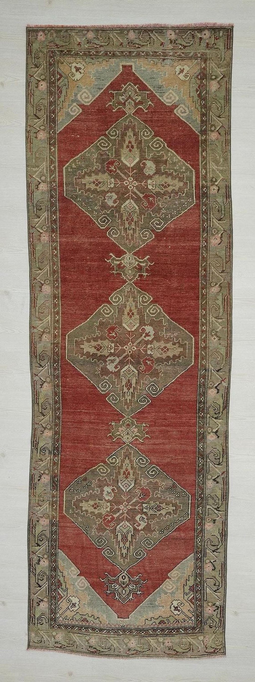 1940s Antique Turkish Rug Runner: Mid-Century Modern Wool Carpet, 3,3"x10,1" Feet.