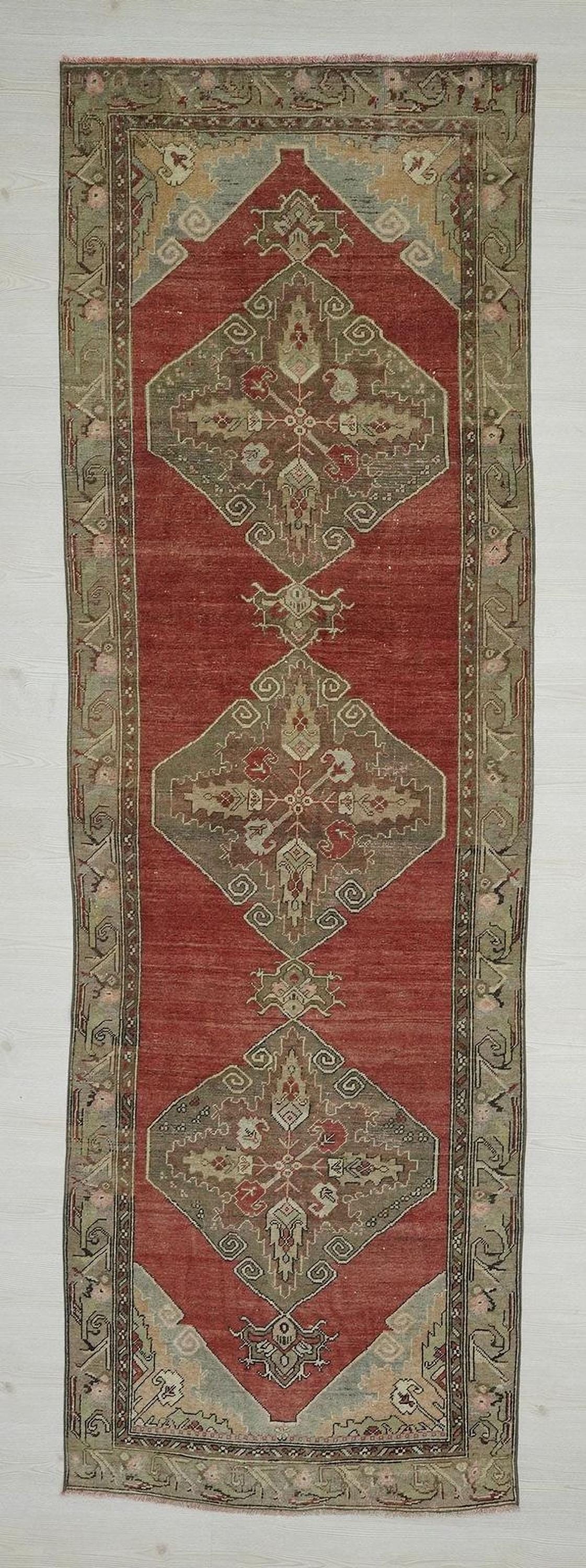 1940s Antique Turkish Rug Runner: Mid-Century Modern Wool Carpet, 3,3"x10,1" Feet.