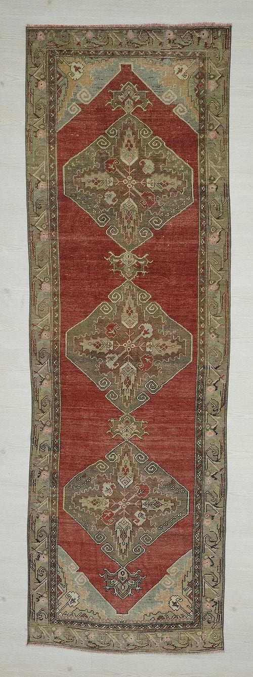 1940s Antique Turkish Rug Runner: Mid-Century Modern Wool Carpet, 3,3"x10,1" Feet.