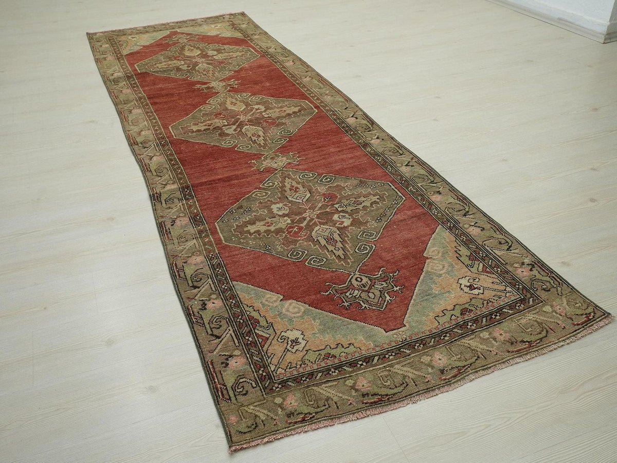 1940s Antique Turkish Rug Runner: Mid-Century Modern Wool Carpet, 3,3"x10,1" Feet.