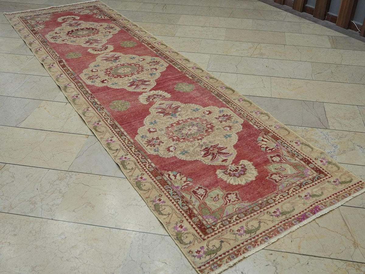 Antique Oushak Rug Runner: 3x11 Turkish Wool Carpet