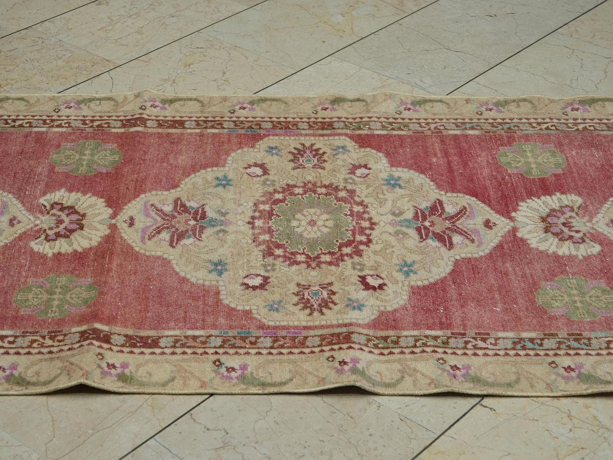 Antique Oushak Rug Runner: 3x11 Turkish Wool Carpet