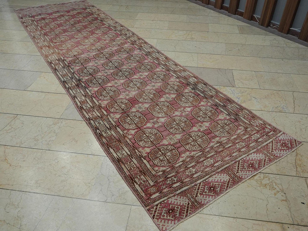 Antique Geometric Oushak Rug Runner: Pale Pink & Brown Wool Carpet 4x13