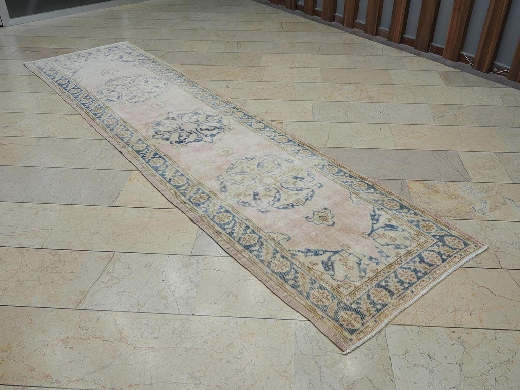 Salmon Pink & Blue Vintage Anatolian Rug Runner: Mid Century Turkish Oushak Rugs 3x11 Ft.