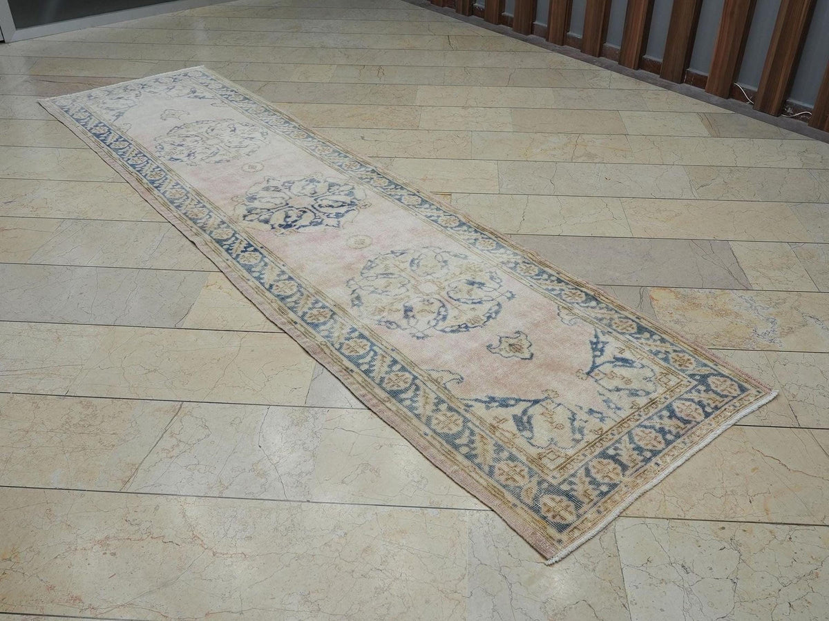 Salmon Pink & Blue Vintage Anatolian Rug Runner: Mid Century Turkish Oushak Rugs 3x11 Ft.