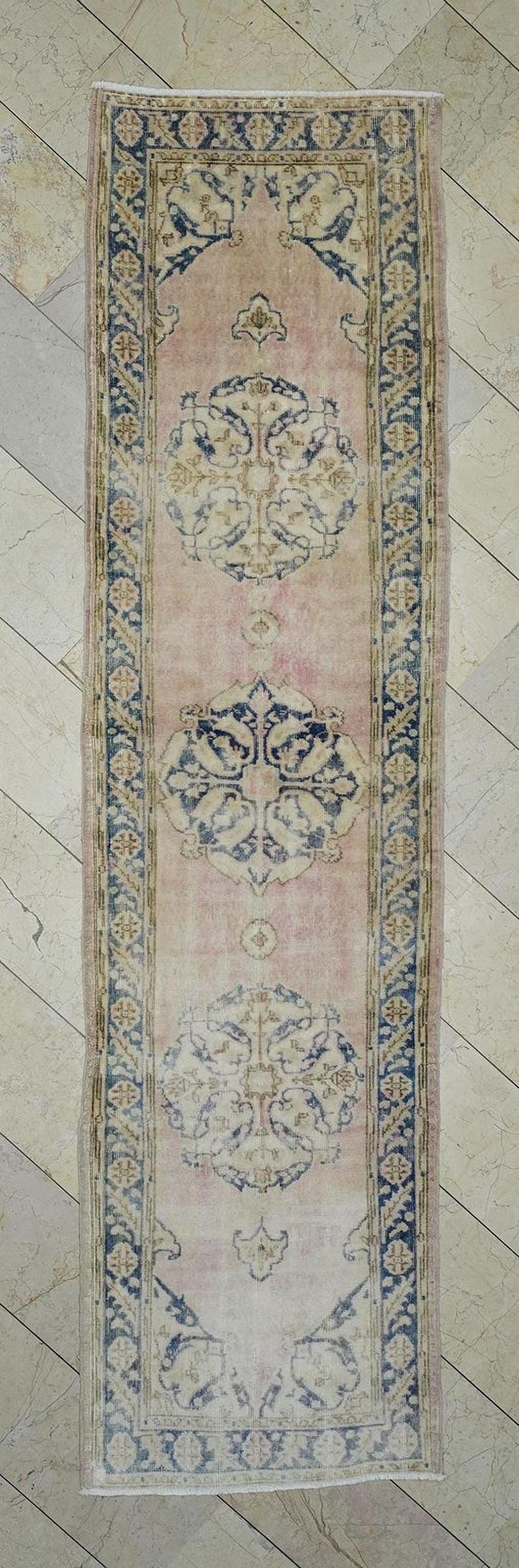 Salmon Pink & Blue Vintage Anatolian Rug Runner: Mid Century Turkish Oushak Rugs 3x11 Ft.