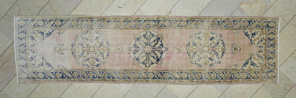 Salmon Pink & Blue Vintage Anatolian Rug Runner: Mid Century Turkish Oushak Rugs 3x11 Ft.