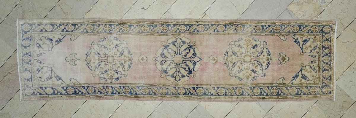 Salmon Pink & Blue Vintage Anatolian Rug Runner: Mid Century Turkish Oushak Rugs 3x11 Ft.
