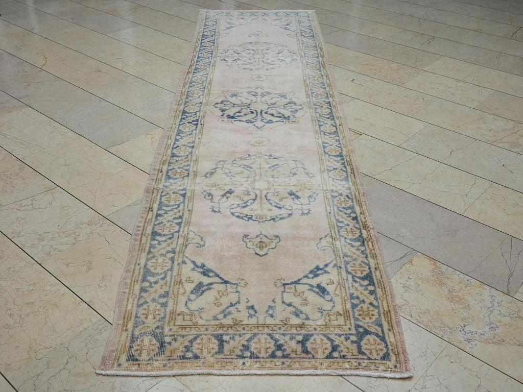 Salmon Pink & Blue Vintage Anatolian Rug Runner: Mid Century Turkish Oushak Rugs 3x11 Ft.