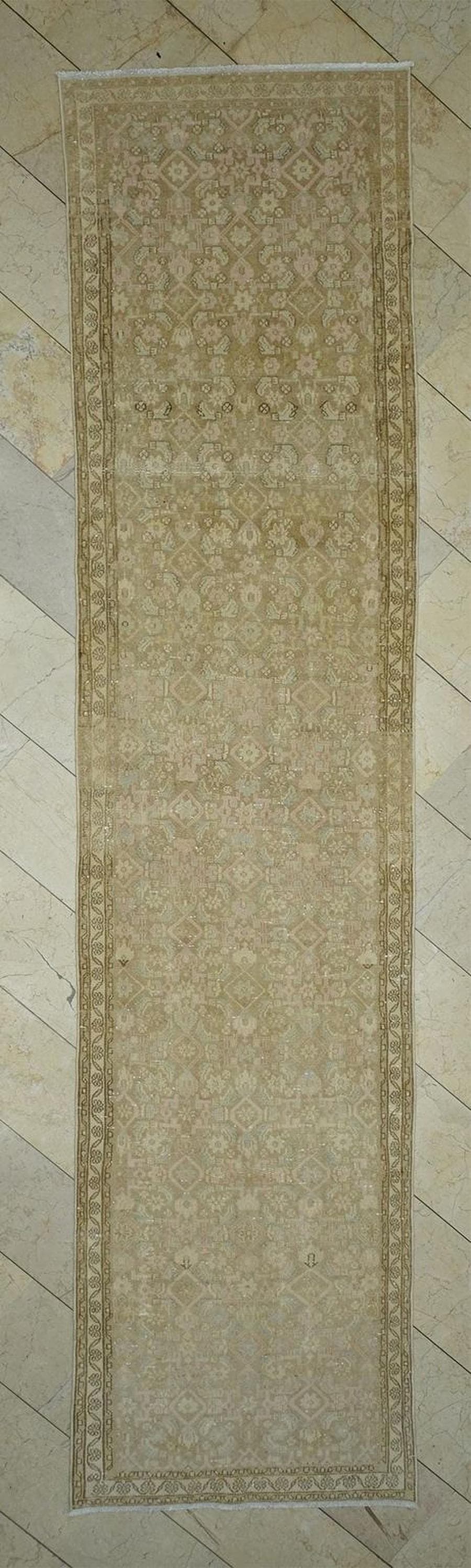 Antique Turkish Wool Rug Runner: Faded Brown & Pink Turkish Carpet
