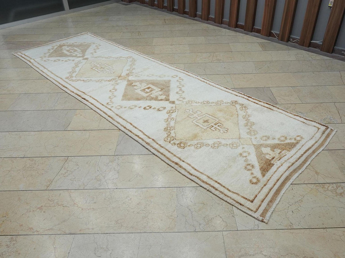 Neutral Color Vintage Turkish Wool Rug Runner: Brown & White Minimalist Decor Rugs, 3.6x11.5 ft.