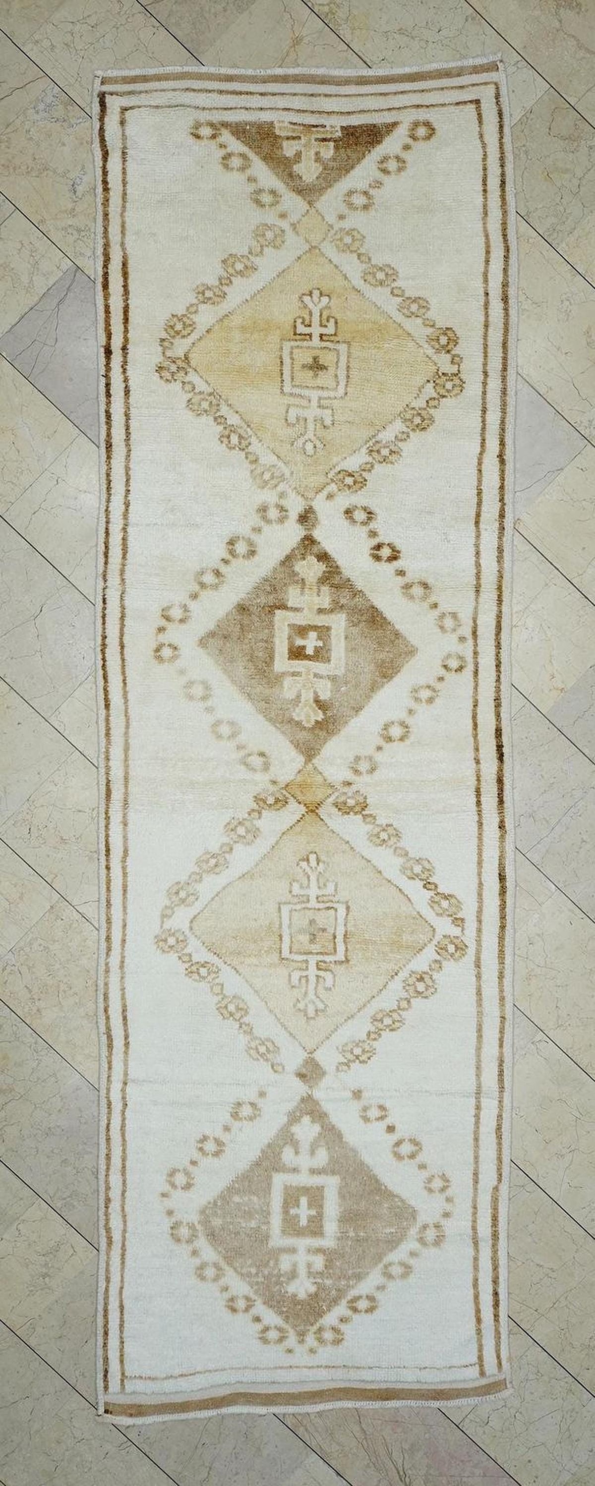 Neutral Color Vintage Turkish Wool Rug Runner: Brown & White Minimalist Decor Rugs, 3.6x11.5 ft.