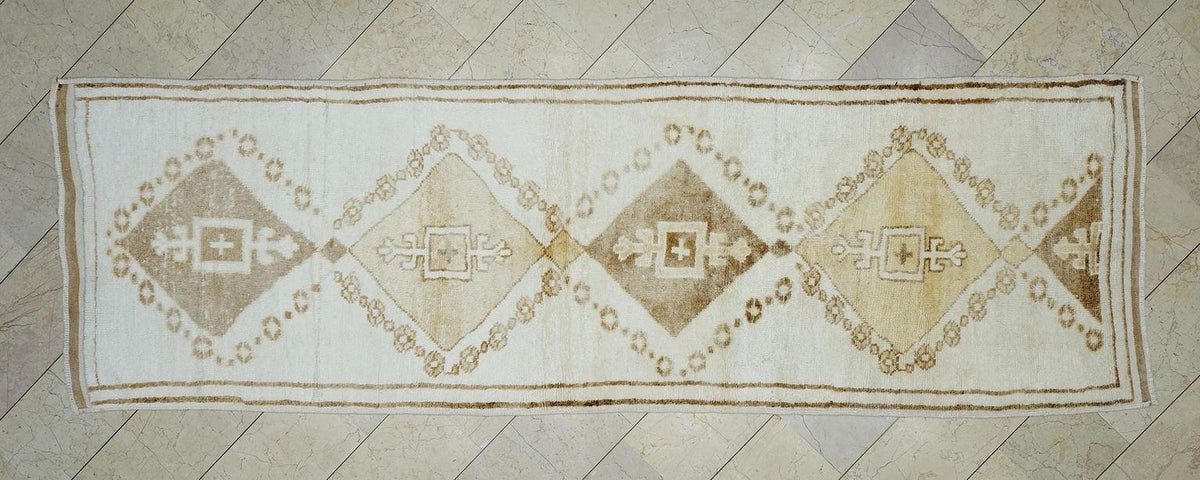 Neutral Color Vintage Turkish Wool Rug Runner: Brown & White Minimalist Decor Rugs, 3.6x11.5 ft.
