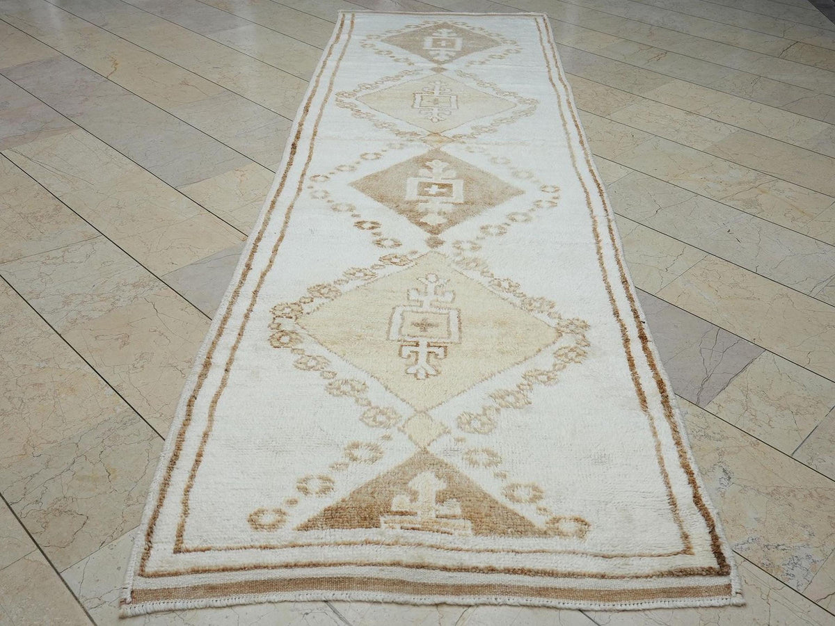 Neutral Color Vintage Turkish Wool Rug Runner: Brown & White Minimalist Decor Rugs, 3.6x11.5 ft.