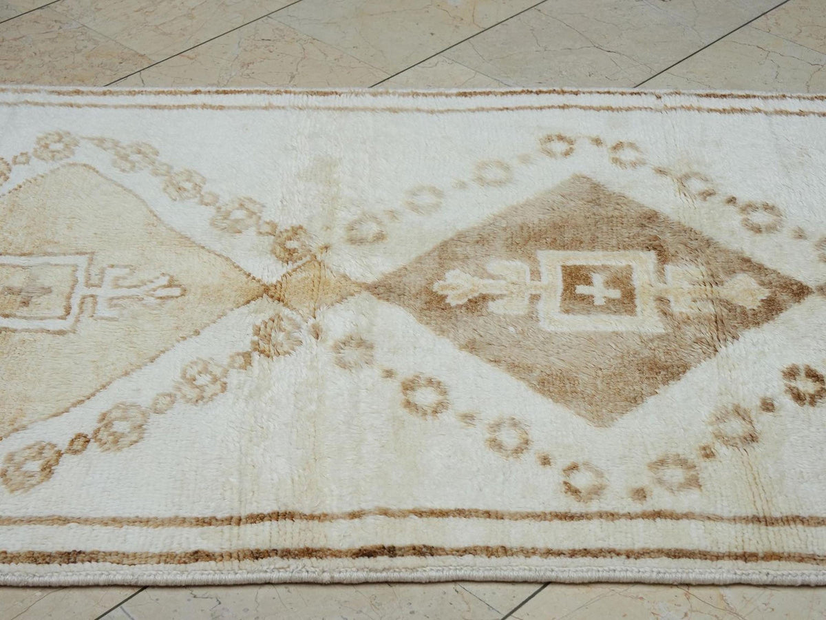 Neutral Color Vintage Turkish Wool Rug Runner: Brown & White Minimalist Decor Rugs, 3.6x11.5 ft.