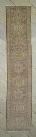 Vintage Turkish Rug Runner: Pale Pink & Brown Wool, 2x11 ft