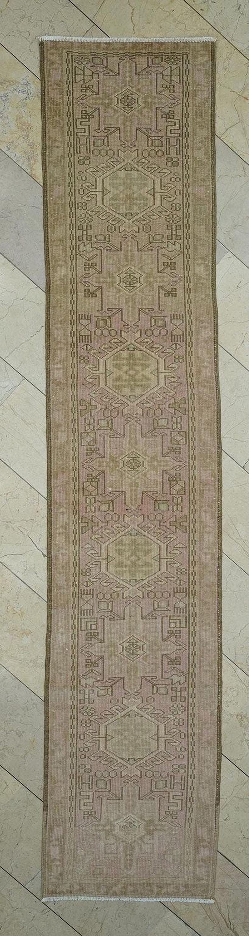 Vintage Turkish Rug Runner: Pale Pink & Brown Wool, 2x11 ft