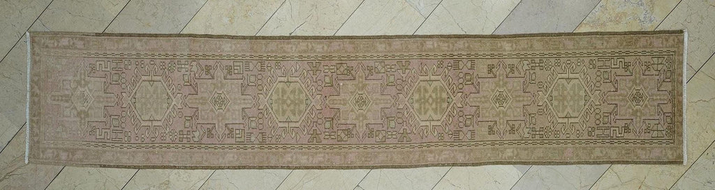 Vintage Turkish Rug Runner: Pale Pink & Brown Wool, 2x11 ft