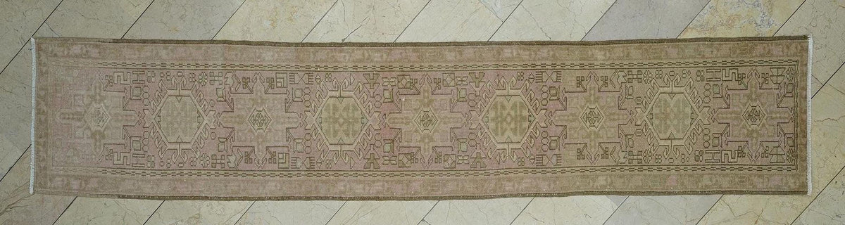 Vintage Turkish Rug Runner: Pale Pink & Brown Wool, 2x11 ft