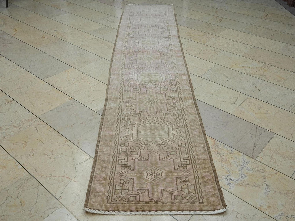 Vintage Turkish Rug Runner: Pale Pink & Brown Wool, 2x11 ft