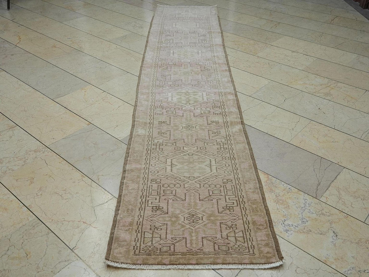 Vintage Turkish Rug Runner: Pale Pink & Brown Wool, 2x11 ft