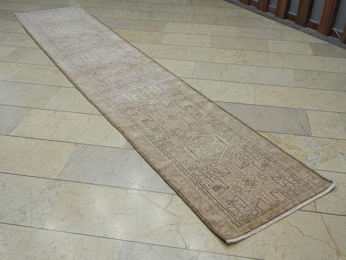 Vintage Turkish Rug Runner: Pale Pink & Brown Wool, 2x11 ft
