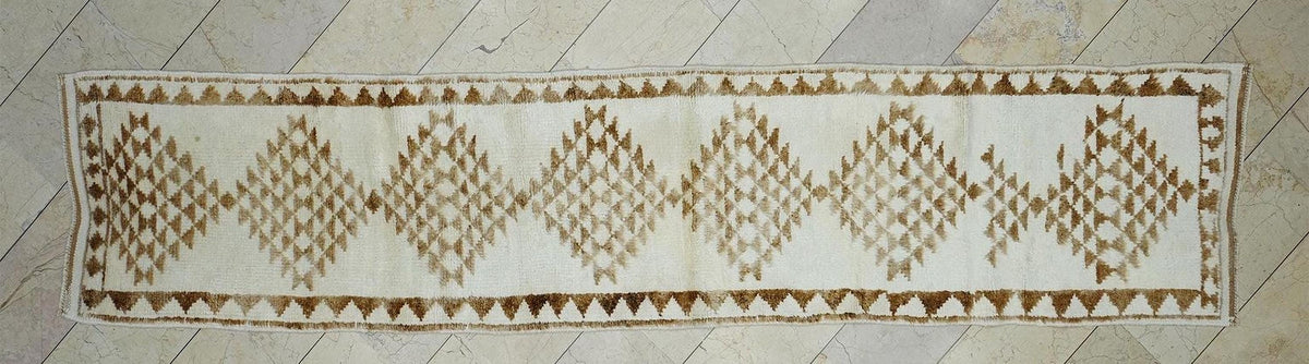 Brown & White Handmade Wool Turkish Rug Runner: Modern Stair Treads Decor Rugs 2,6x12,3 Ft.